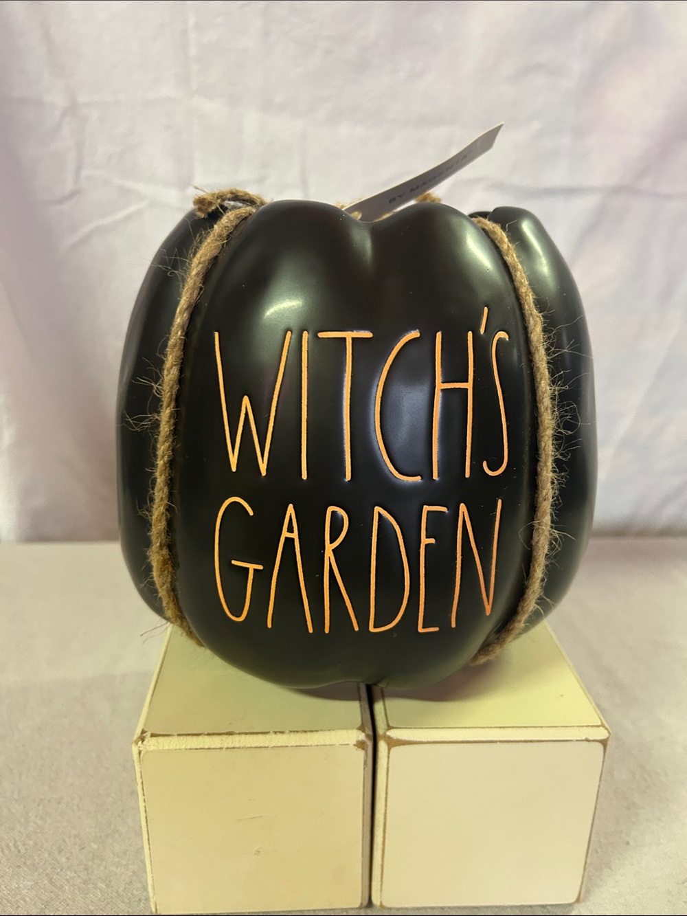 Rae Dunn Black Pumpkin with Orange Lettering